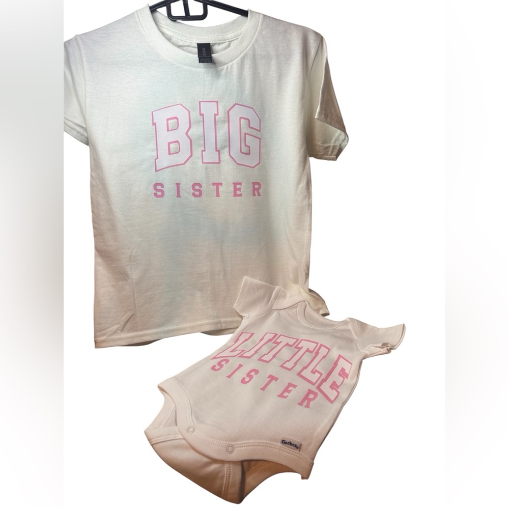 Hand Crafted Big Sister and Little Sister Tee Set - White and Pink